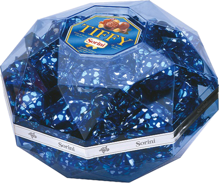 Сорини Тиффи конфеты ассорти из молочного и белого шоколада со злаками и начинкой пралине в коробке-кристалле 0.34 л